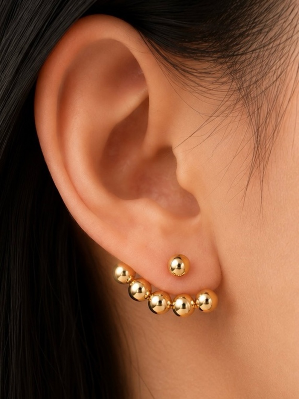Gold Bead Curved Ear Cuff and Stud Set - Women's Jewelry